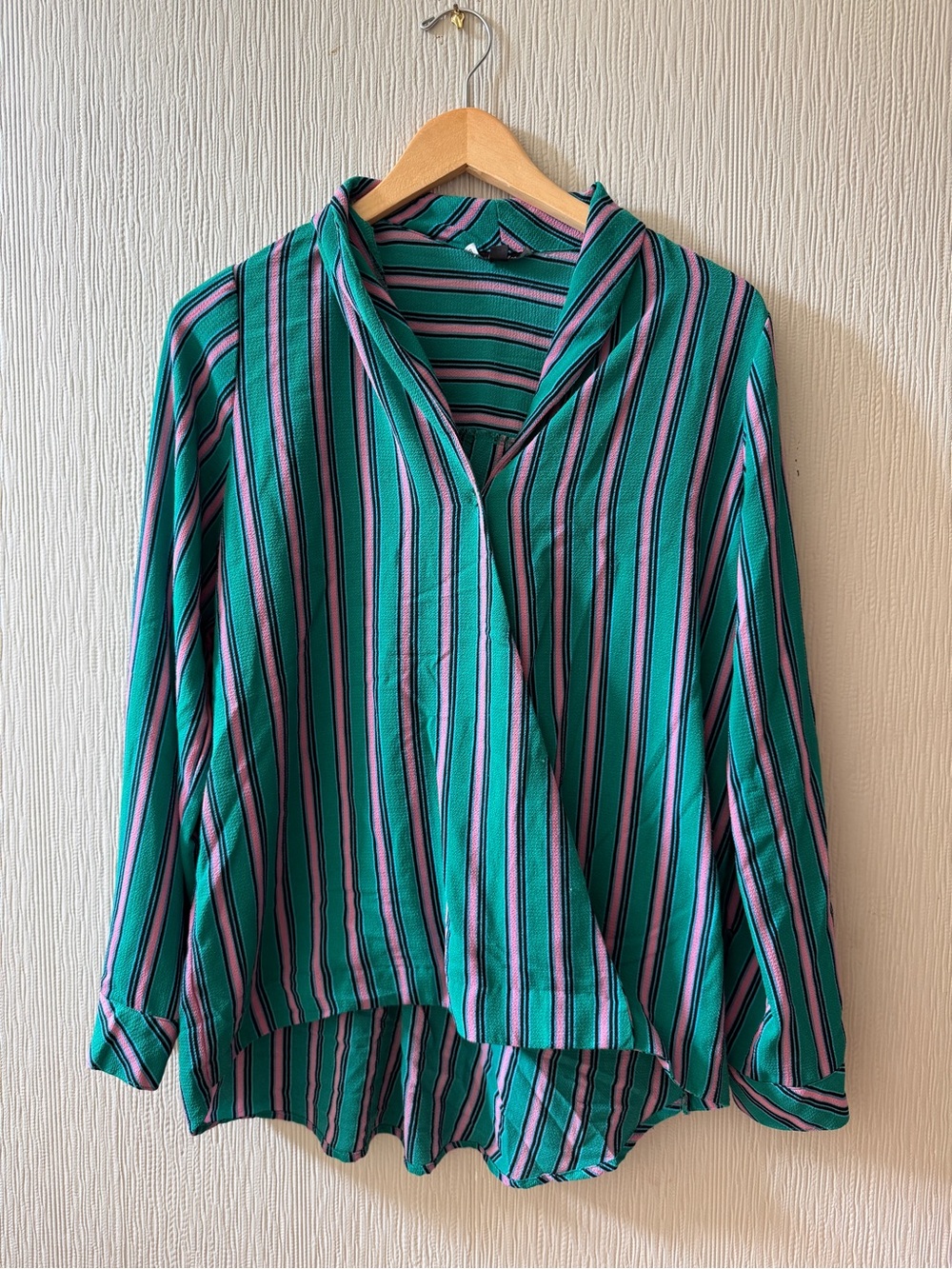 Women’s Teal and Pink Striped Wrap-Style Top